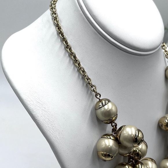J. Crew Off White Faux Pearl Gold Tone Cluster Necklace Metal Spacers - Picture 7 of 11